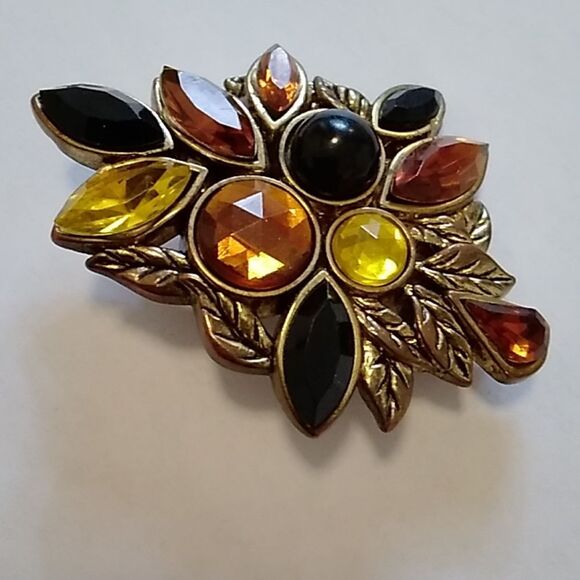 Vintage 80s Amber Black Gold Cluster Clip On Earrings Multi Gem Art Deco MCM - Picture 7 of 8